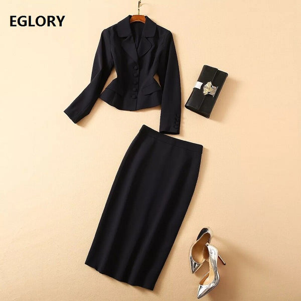 Women's Set 2022 Spring Autumn Business Suit Women Black Blazer Coat+Midi Pencil Skirt Set Suit Female 2 Piece Set