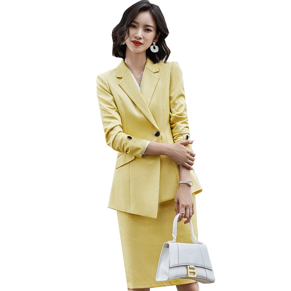 Yellow Black White Blazer and Skirt Suit Women Office Ladies Formal Business Work Wear Two Piece Set