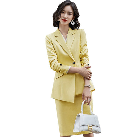 Yellow Black White Blazer and Skirt Suit Women Office Ladies Formal Business Work Wear Two Piece Set