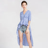 High Street Fashion Summer Women Blouses and Shirts V Neck Casual Striped Long Asymmetrical Shirt Dovetail Womens Tops
