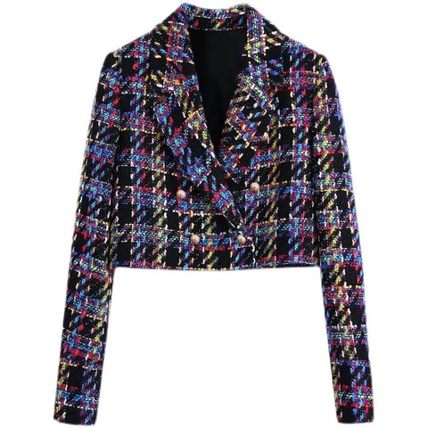 High Street Long Sleeve Crop Blazer Jacket For Women Vintage Colorful Plaid Double Breasted Short Suit Outwear Lady Jacket Top
