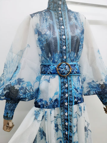 High Street Women Maxi Long Dress Flowers Printed Party Bohemian Aline Dresses Stand Collar Buttons Sashes Designer Chic Vestido