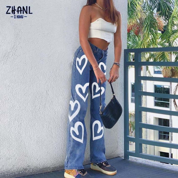 High Street Women's Heart Printed Y2K Baggy Jeans pants Women High Waist Harajuku Straight Jeans Vintage Woman Denim Trousers