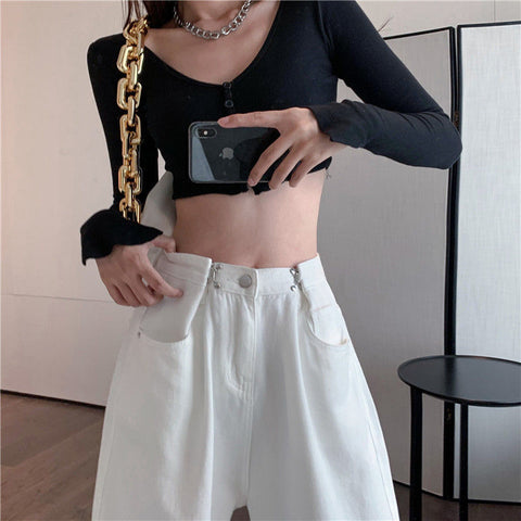 High Waist Black White Jeans For Women Wide Leg Denim Streetwear Vintage Mom Jeans Harajuku Boyfriend Straight Pants