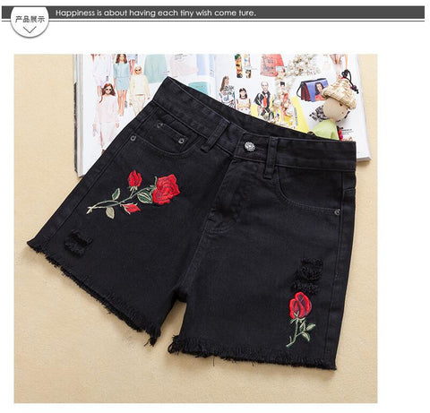 High Waist Denim Shorts Women's Clothing Summer New White Burr Loose Korean version Roses Embroidery Holes Hot pants