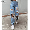 High Waist Jeans Straight Leg Design Ripped Detailing On The Front Causal Vintage Denim Pants Zip Fly Metal Top Button Fastenins