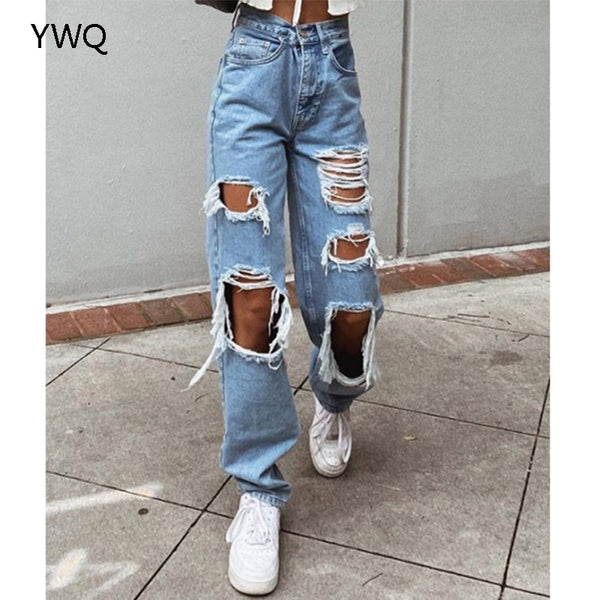 High Waist Jeans Straight Leg Design Ripped Detailing On The Front Causal Vintage Denim Pants Zip Fly Metal Top Button Fastenins