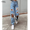 High Waist Jeans Straight Leg Design Ripped Detailing On The Front Causal Vintage Denim Pants Zip Fly Metal Top Button Fastenins