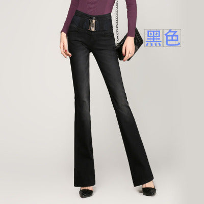 High Waist Jeans Women Retro Style Bell Bottom Skinny Jeans Female Slim Elastic Flare Pants women denim pants With Belt