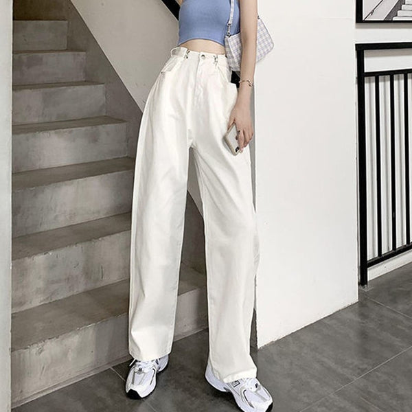 High Waist Loose Korean Jeans For Women Straight Pants Mom Jeans White Boyfriend Female Wide-leg Streetwear Spring Trousers