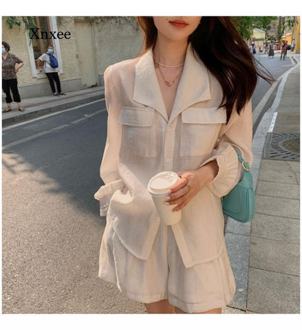 High Waist Shorts Suit Outfits Women's Summer Outfits Long Lantern Sleeve Shirt Casual Loose Two Piece Set Clothing