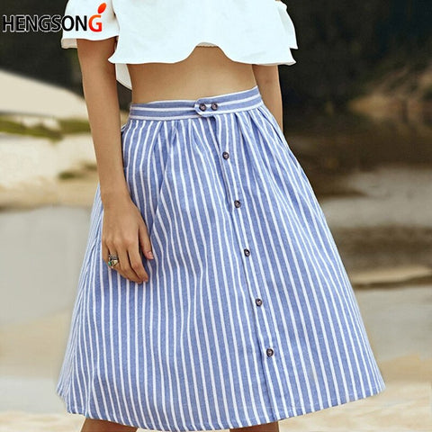 High Waist Single-Breasted Skirt Blue Striped A-Line Womens Skirts  Summer Cute Casual Knee-Length  Casual Skirts