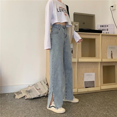 High Waist Straight Jeans Pants Women Oversized Blue Loose Leisure Vintage Side Slit Long Denim Clothing Korean Trousers