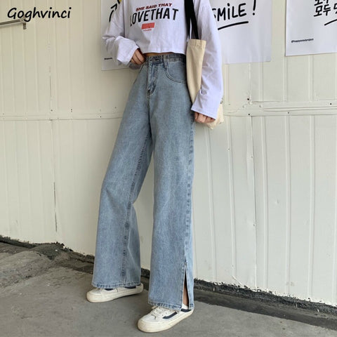 High Waist Straight Jeans for Women Oversize 4XL Blue Loose Leisure Vintage Sexy Side-slit Long Denim Clothing Autumn Korean Ins