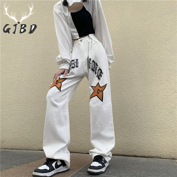 High Waist Women Jeans Vintage Streetwear White Straight Baggy Trouser Casual Autumn Ladies Wide Leg Denim Pants