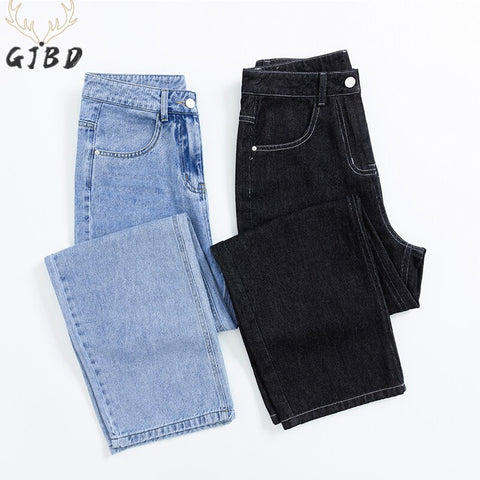 High Waist Women Jeans Vintage Washed Classic Black Casual Baggy Straight Denim Trouser Mom Korean Autumn Denim Pants
