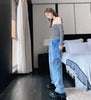 High Waist Women Ripped Jeans Straight Casual Streetwear 2022 Spring Iong Pants Baggy Blue Versatile Denim Trouser