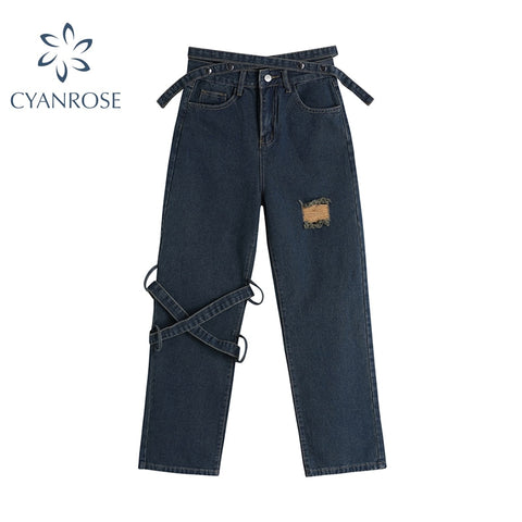 High Waist Women Ripped Jeans Streetwear Causal Straight 2022 Summer Long Pants Baggy Blue Versatile Denim Trouser