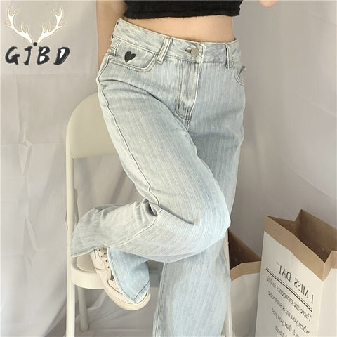 High Waist Women Slit Design Jeans Streetwear Vintage Baggy Straight Denim Trouser Korean 2022 Autumn Stripe Denim Pants