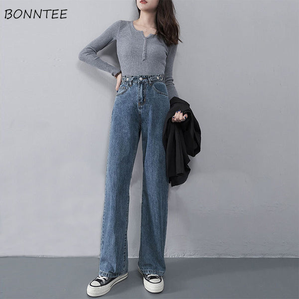 High Waisted Jeans Women Adjustable Waistline Streetwear Full Length Stylish Leisure Denim Straight Trousers Feminino Simple BF