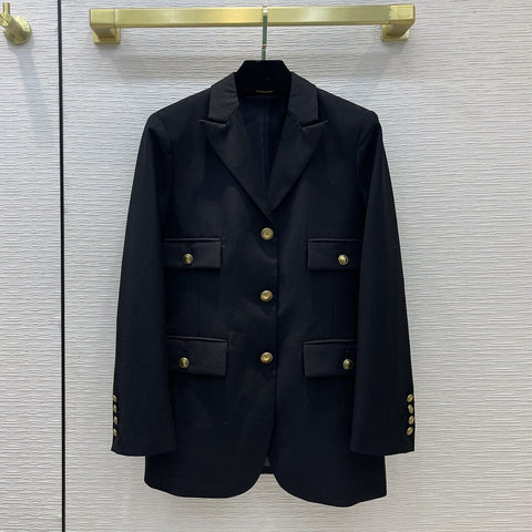 High-end Casual Blazer Women' Suit Notched Single Breasted Four Pockets Long Sleeve Black Designer Elegant Lady Work Coat