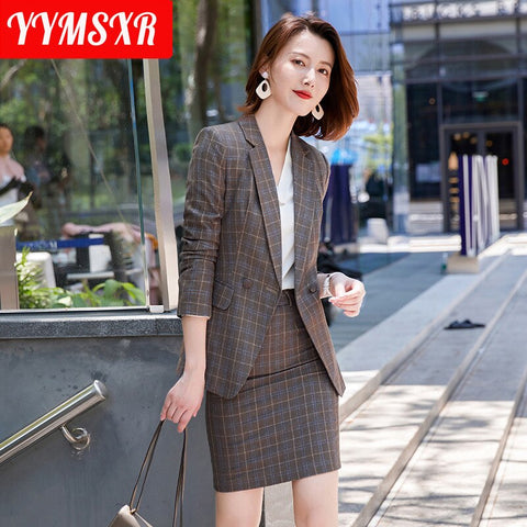 High-end Plus Size Women's Suit Skirt Two-piece Autumn 2022 Plaid Ladies Office Blazer Casual High-waist Elegant Skirt