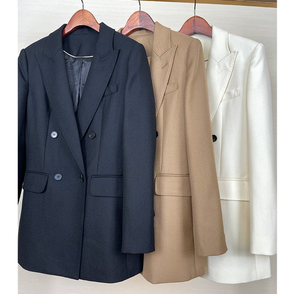 High-end Suit Jacket Women Autumn 100% Wool Horn Buckle White Small Suit 2023 Winter Black Double-Breasted Slim Commuter Classic