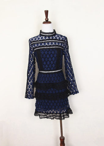 High-end custom women summer spring new fashion slim runway star lace long sleeve mini short sexy dress blue 6028199080
