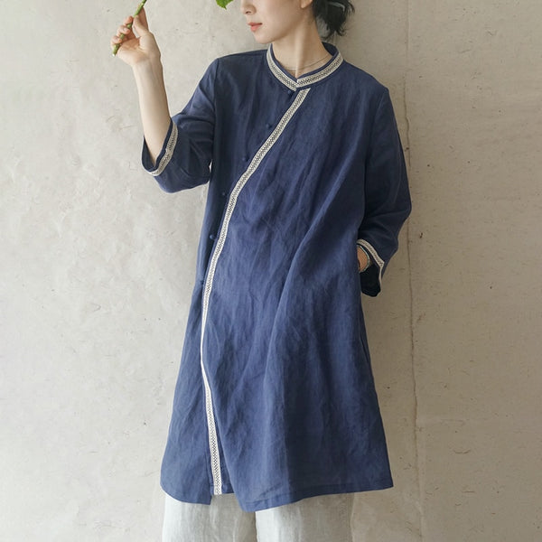 High grade cotton hemp tea dress women's 2022 slim temperament medium length forest robe ethnic style dress 0403