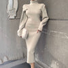 High-neck Knitted Women's Dress Long Sweater Skirt Bodycon Plain Spring Fall Winter Solid Color Elegant Female Clothing