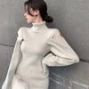 High-neck Knitted Women's Dress Long Sweater Skirt Bodycon Plain Spring Fall Winter Solid Color Elegant Female Clothing