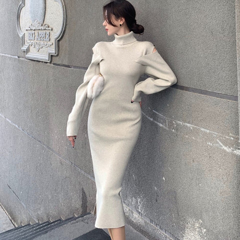 High-neck Knitted Women's Dress Long Sweater Skirt Bodycon Plain Spring Fall Winter Solid Color Elegant Female Clothing