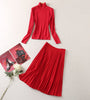 High neck red long sleeve knitted sweater + high waist medium-long pleated skirt skirt Set Women's Set 211028YBL05