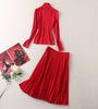 High neck red long sleeve knitted sweater + high waist medium-long pleated skirt skirt Set Women's Set 211028YBL05