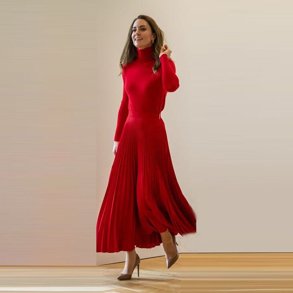 High neck red long sleeve knitted sweater + high waist medium-long pleated skirt skirt Set Women's Set 211028YBL05