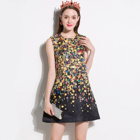 High quality 2022 Novelty Print Diamonds Straight dress new summer women gold coin Appliques Sleeveless Tank dres