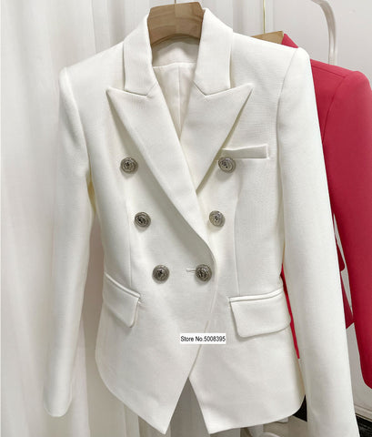 2023ss Woman Classic White Blazer Double Breasted Silver Buttons Front Suit with pockets