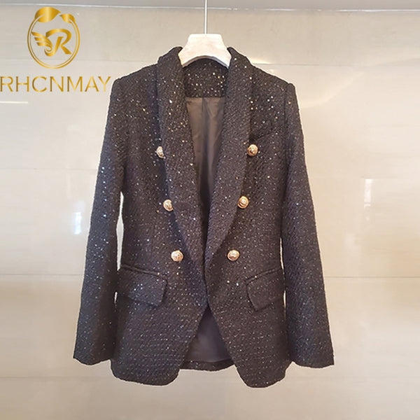 High-quality Double Breasted Woven Tweed Women Blazer Notched Collar Women Jacket 2023 Spring Autumn Elegant Ladies Coat