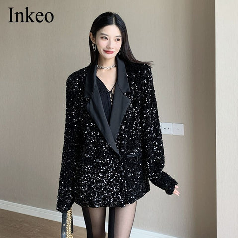 Women Sequins blazer 2023 Sexy Long sleeve Female jacket set Club Notched coat Spring Autumn INKEO 1O075