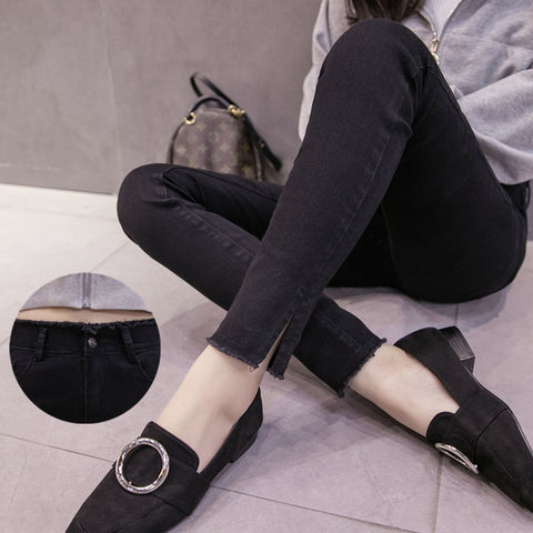 High quality cotton denim jeans woman autumn stretch slim pants skinny trousers female bottom split long pants sheath slim pants