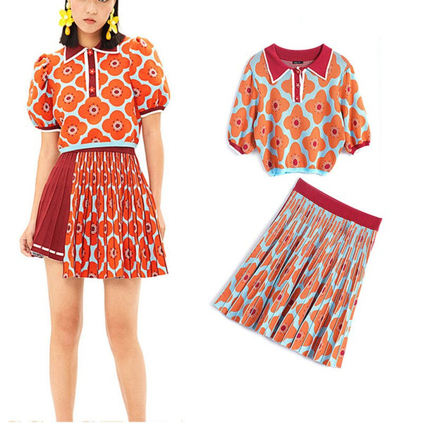 High-quality knitted women's suit skirt summer designer Daisy  blouse shirt and stitching pleated skirt two-piece suit NS276