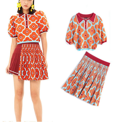 High-quality knitted women's suit skirt summer designer Daisy  blouse shirt and stitching pleated skirt two-piece suit NS276