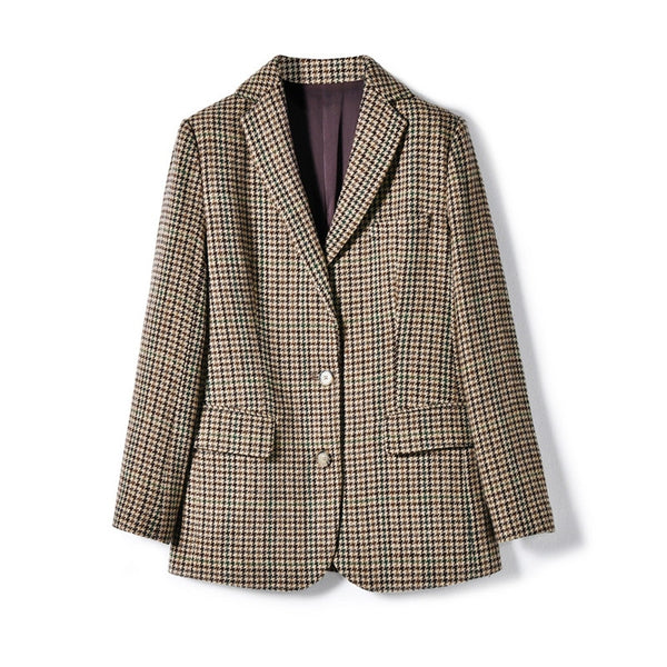 retro wool plaid Blazer women 2023 spring autumn small office lady suit feminino slim wool coat female K235