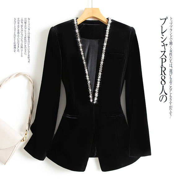 High-quality suit jacket 2023 autumn and winter gold velvet high-quality beaded suit jacket Korean women's clothing