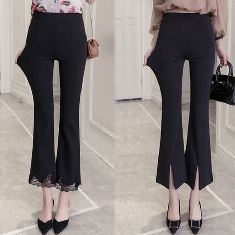 High-waist lace micro-flared pants women's black large size casual split suit cropped trousers spring and summer