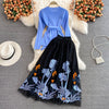 High waist mid-length mesh embroidered skirt, all-match fairy fluffy long skirt + waist sweater two-piece set