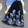 High waist mid-length mesh embroidered skirt, all-match fairy fluffy long skirt + waist sweater two-piece set
