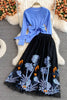 High waist mid-length mesh embroidered skirt, all-match fairy fluffy long skirt + waist sweater two-piece set