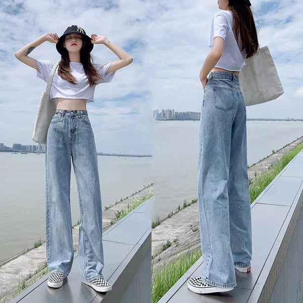 High waist wide leg trousers cover hip show thin jeans women summer thin ice straight tube loose drop pants tide