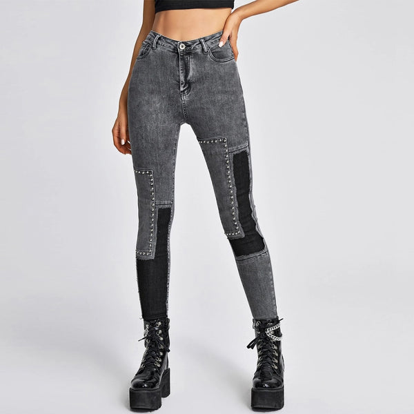 High waist women's jeans stretch denim pencil pants street slim trousers gray stitching boyfriend pants 2022 new